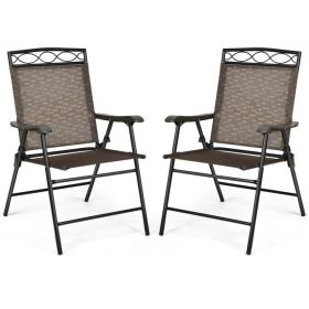 Set of 2 Patio Folding Chairs Sling Portable Dining Chair Set with Armrest