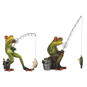 2-PC Fishing Frog 6"H Funny Animal Figurine Set Home Decor Gift